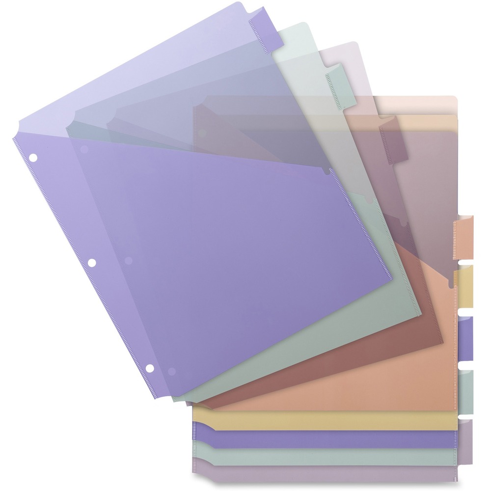 BSN32372 - Poly index dividers with one pocket offer large tabs and inserts that provide 50 percent more space than standard dividers. Customize using your laser or inkjet printer. Top-loading pocket features a high slash-style entry to hold your documents. Three-hole punched index dividers are made of 16mm plastic. Templates are available online. Each set includes blank inserts and five assorted colors: blue, green, pink, orange and yellow.