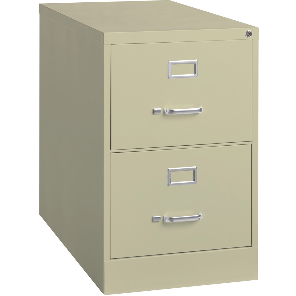 LLR60660 - Commercial-grade vertical file features two high-sided drawers that accommodate legal-size, hanging file folders without additional accessories. Slide suspension allows maximum drawer extension. Steel ball bearings provide smooth, quiet drawer performance. Even fully loaded, these drawers open with ease. Adjustable wire followers keep files upright. 26-1/2" deep vertical file also features a core-removable lock for security, aluminum label holders for easy referencing, convenient pull handles and heavy-gauge steel construction with recycled content. Vertical file meets or exceeds ANSI/BIFMA industry standards. More from the Manufacturer