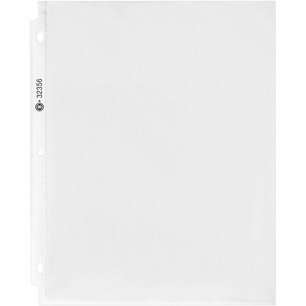 BSN32356 - Durable, top-loading sheet protectors hold letter-size inserts without punching. Printed materials do not stick or lift off this specially formulated, polypropylene material. Design features a reinforced strip at binding edge, 2.4 mil thickness and three-hole punched sides. Die-cut corners on ring side allow pages to turn freely. Oversized ring binders and indexes are sold separately.