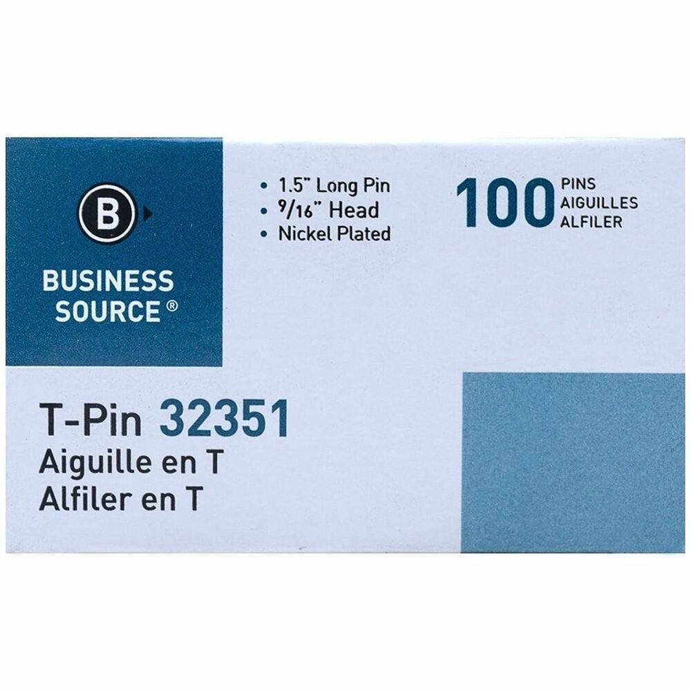 BSN32351 - T-pins are made of high-quality steel with a nickel finish. Design features a 9/16" head width. Use T-pins to secure documents to boards or fabric cubicles walls.