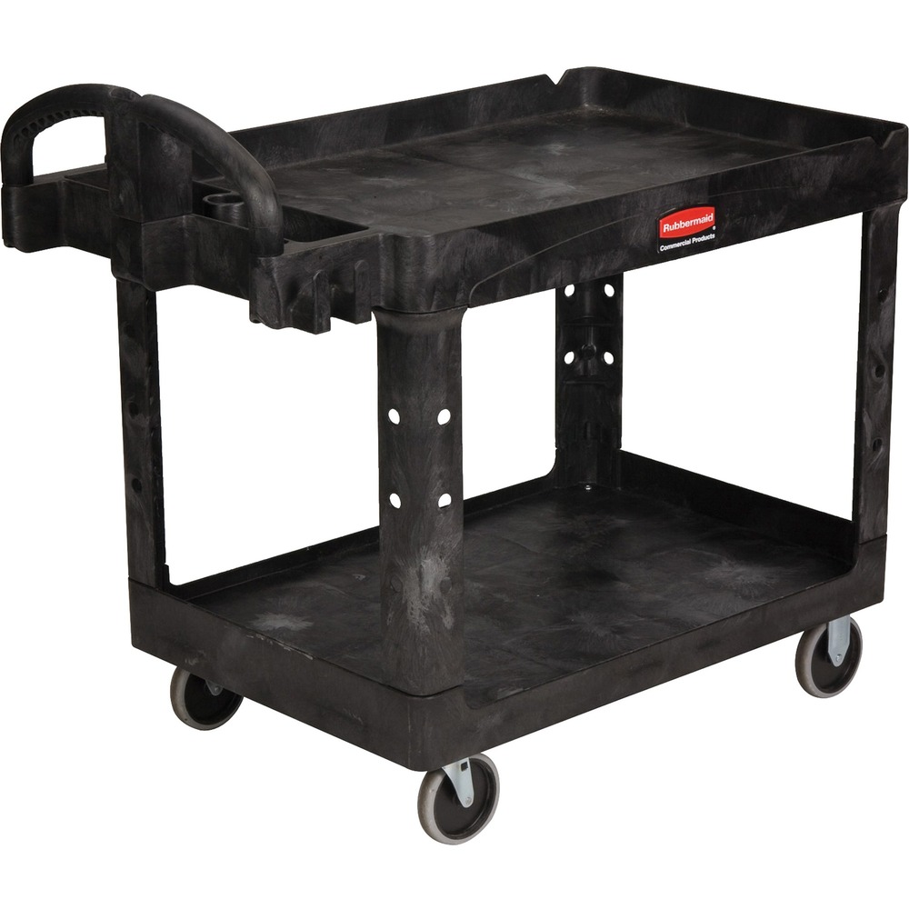 RCP452088BK - Two-tiered utility cart offers high-density, structural resin construction with rounded corners. Grip-height handle improves control and worker safety. Deep-pocketed top shelf keeps contents in place. Design also includes molded-in storage compartments, holsters, hooks and notches. Bottom shelf is also lipped to secure contents. Weight capacity is 500 lb. Cart is ideal for transporting materials, supplies and heavy loads. It is equipped with four 5" nonmarking rubber casters, including two that swivel. TPR casters absorb shock and provide floor surface protection and quiet operation. Casters roll easily on linoleum, tile, terrazzo, wood, smooth concrete and carpet.