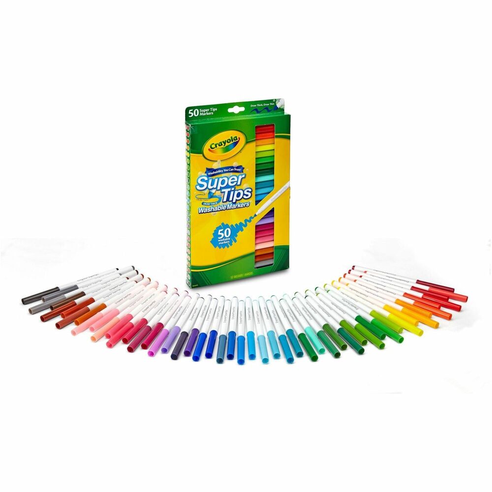CYO585050 - Washable Super Tips fine-line markers feature a versatile tip that draws both thick and thin lines. 50 classic colors are great for drawing and coloring. Washable formula washes from skin and most clothing. Markers are recommended for children ages 3 and up.