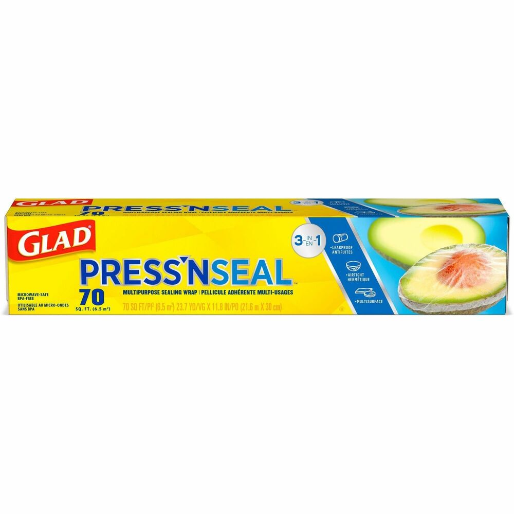 CLO70441 - Glad Press'n Seal uses Griptex technology to protect food with a leakproof, airtight seal. Great for storing and protecting leftovers, this multipurpose wrap seals tightly onto a variety of surfaces, such as paper, plastic, metal, wood or other dry surfaces. The Griptex technology activates when pressure is applied and seals to itself, letting you create custom-shaped, food storage bags to freeze food or to make individual portions. It also works well around the house or at work to keep things clean and protected. Press'n Seal wrap is simple to use and easy to handle. The wrap is BPA-free and microwave-safe. It is ideal for use in restaurants, cafeterias, hotels and other commercial facilities. Glad protects and seals with ease.