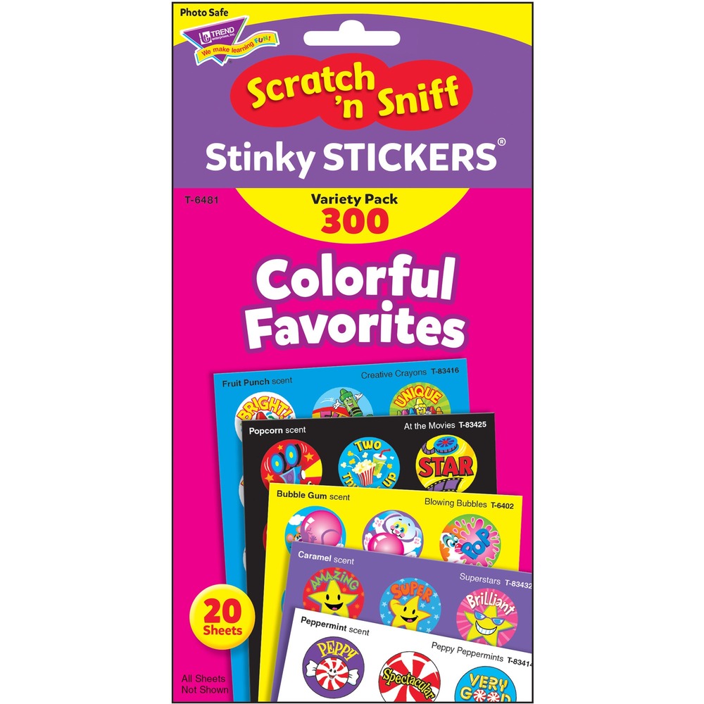 TEPT6481 - Scratch them and sniff these Stinky Stickers for a burst of fragrance. Stinky Stickers in this variety pack are fun to collect or use to motivate and reward. The 21 designs include Peppermints, Crayons, Superstars, At the Movies, Bubbles, Furry Friends, and Chocolate. Acid-free, nontoxic stickers are safe for use on photos. Actual sticker sheets may vary from photo.