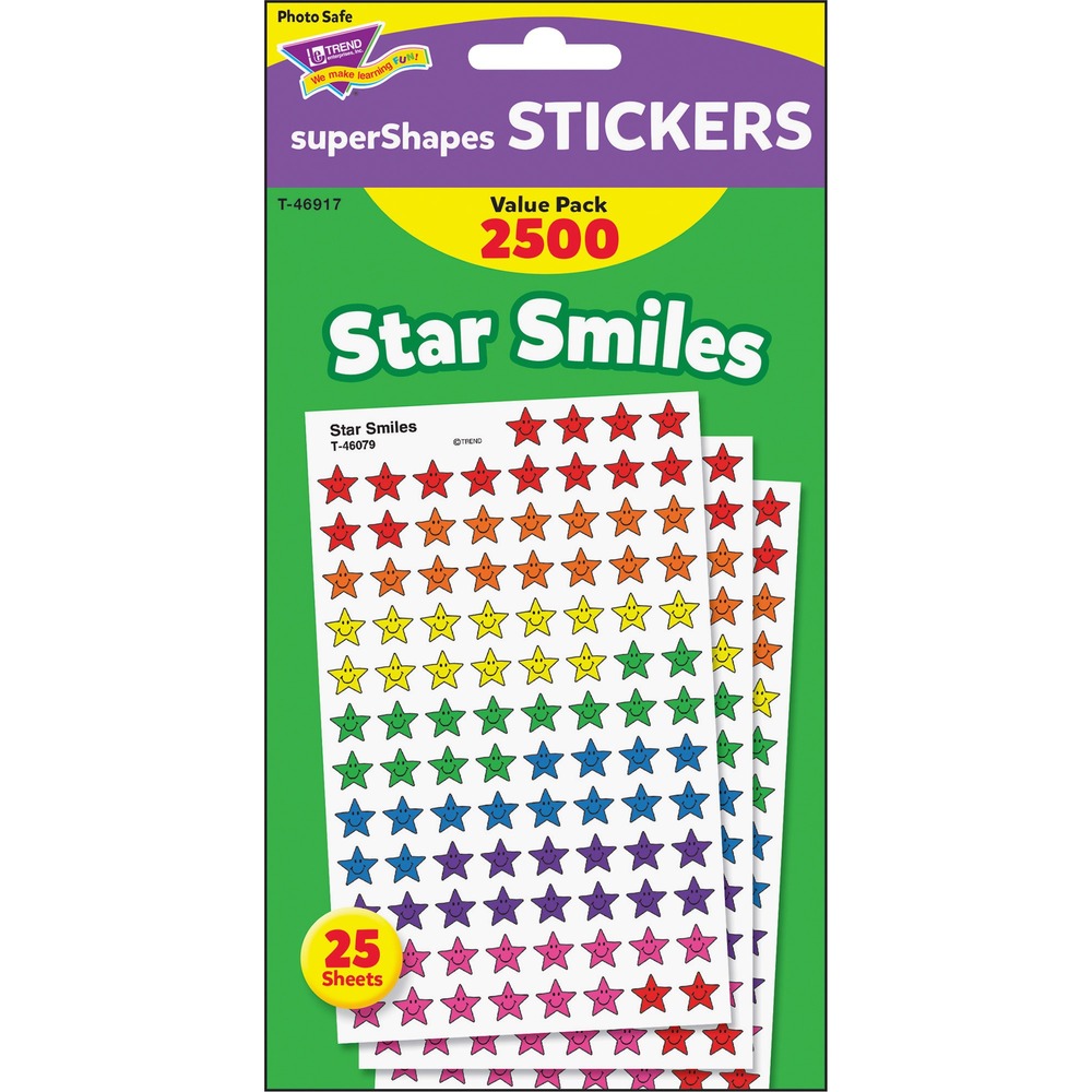 TEPT46917 - Star Smiles stickers come in a variety of colors and seven designs in this superShapes Stickers Value Pack. Array of self-adhesive, small smiling stars are the perfect size for use with Trend Incentive Charts and Pads (sold separately). Stickers are acid-free, nontoxic and photo-safe. Stickers are ideal for teaching students in prekindergarten to ninth-grade (ages 3 to 15).