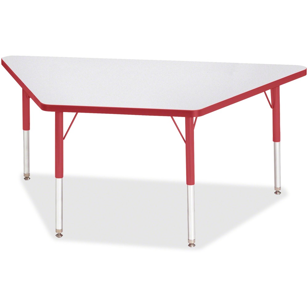 JNT6443JCE008 - Trapezoid-shaped activity table is perfect for elementary students. Multiple trapezoid tables can be conveniently arranged in an assortment of configurations to accommodate any space. Durable laminate features an easy-to-clean surface. TRUEdge is permanently thermo-fused to the edges to prevent chipping. Extra-safe, dual-screw steel legs allow you to easily adjust the height of the table. Powder-coated, adjustable legs can be repositioned in 1" increments to provide maximum comfort for children. Leg guides reduce squeaks, prevent snags and eliminate rusting.