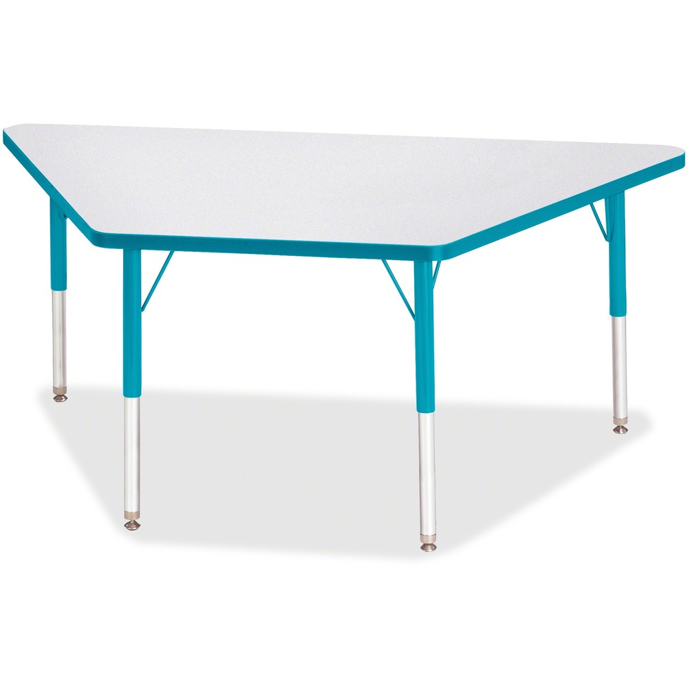 JNT6443JCE005 - Trapezoid-shaped activity table is perfect for elementary students. Multiple trapezoid tables can be conveniently arranged in an assortment of configurations to accommodate any space. Durable laminate features an easy-to-clean surface. TRUEdge is permanently thermo-fused to the edges to prevent chipping. Extra-safe, dual-screw steel legs allow you to easily adjust the height of the table. Powder-coated, adjustable legs can be repositioned in 1" increments to provide maximum comfort for children. Leg guides reduce squeaks, prevent snags and eliminate rusting.