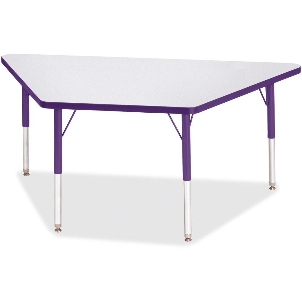 JNT6443JCE004 - Trapezoid-shaped activity table is perfect for elementary students. Multiple trapezoid tables can be conveniently arranged in an assortment of configurations to accommodate any space. Durable laminate features an easy-to-clean surface. TRUEdge is permanently thermo-fused to the edges to prevent chipping. Extra-safe, dual-screw steel legs allow you to easily adjust the height of the table. Powder-coated, adjustable legs can be repositioned in 1" increments to provide maximum comfort for children. Leg guides reduce squeaks, prevent snags and eliminate rusting.