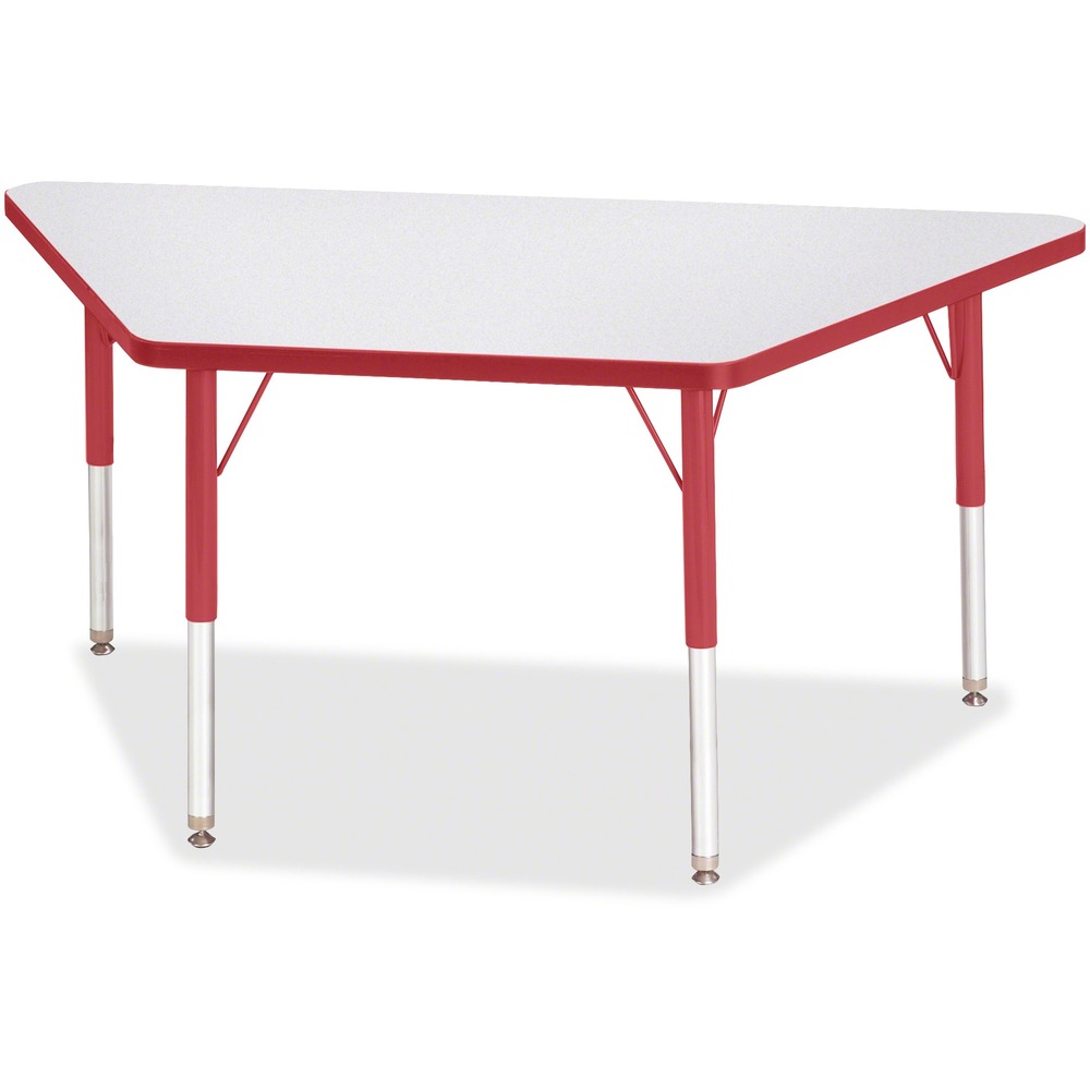 JNT6438JCE008 - Trapezoid-shaped activity table is perfect for elementary students. Multiple trapezoid tables can be conveniently arranged in an assortment of configurations to accommodate any space. Durable laminate features an easy-to-clean surface. TRUEdge is permanently thermo-fused to the edges to prevent chipping. Extra-safe, dual-screw steel legs allow you to easily adjust the height of the table. Powder-coated, adjustable legs can be repositioned in 1" increments to provide maximum comfort for children. Leg guides reduce squeaks, prevent snags and eliminate rusting.
