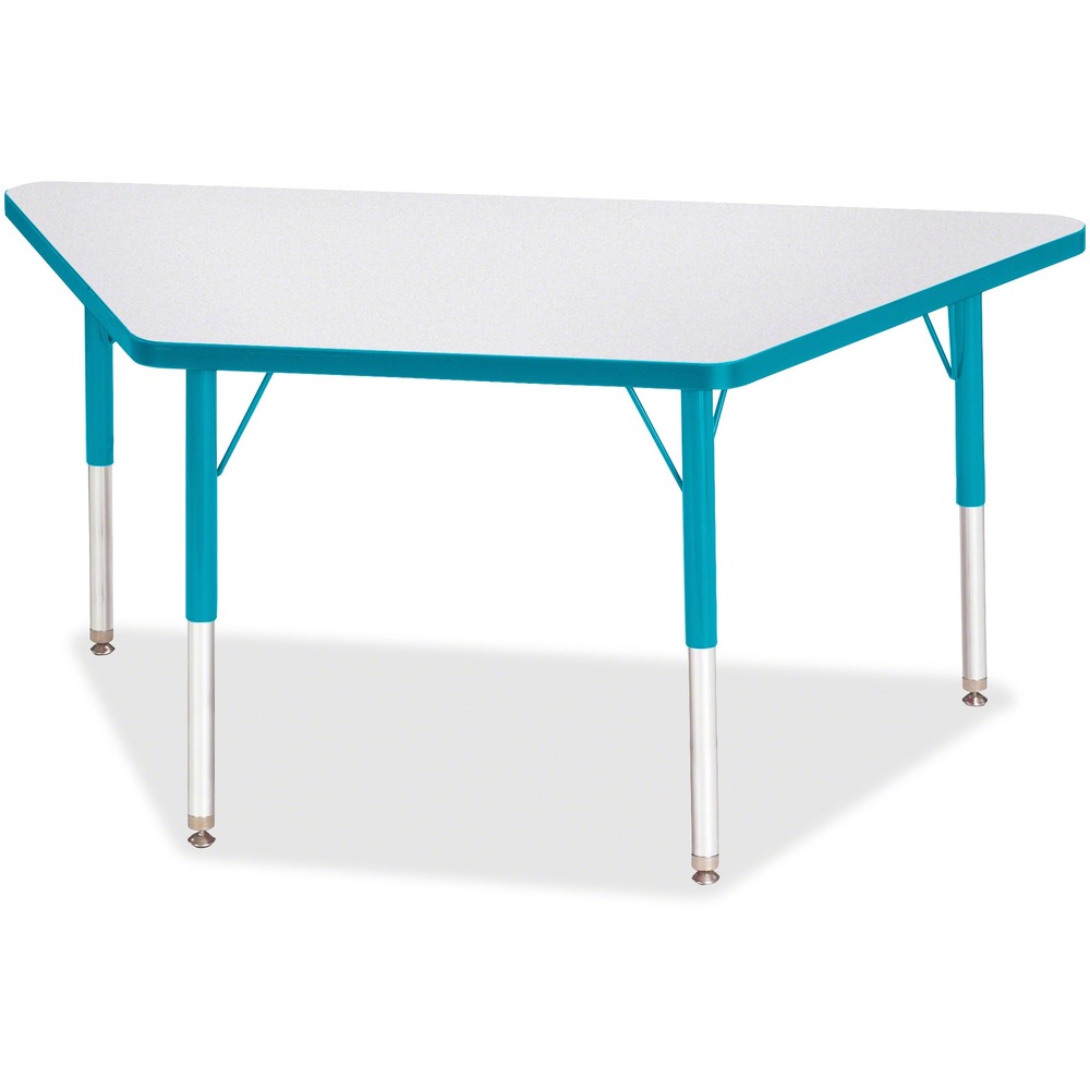 JNT6438JCE005 - Trapezoid-shaped activity table is perfect for elementary students. Multiple trapezoid tables can be conveniently arranged in an assortment of configurations to accommodate any space. Durable laminate features an easy-to-clean surface. TRUEdge is permanently thermo-fused to the edges to prevent chipping. Extra-safe, dual-screw steel legs allow you to easily adjust the height of the table. Powder-coated, adjustable legs can be repositioned in 1" increments to provide maximum comfort for children. Leg guides reduce squeaks, prevent snags and eliminate rusting.