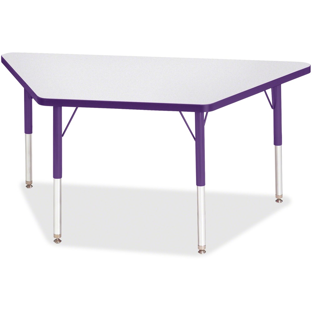JNT6438JCE004 - Trapezoid-shaped activity table is perfect for elementary students. Multiple trapezoid tables can be conveniently arranged in an assortment of configurations to accommodate any space. Durable laminate features an easy-to-clean surface. TRUEdge is permanently thermo-fused to the edges to prevent chipping. Extra-safe, dual-screw steel legs allow you to easily adjust the height of the table. Powder-coated, adjustable legs can be repositioned in 1" increments to provide maximum comfort for children. Leg guides reduce squeaks, prevent snags and eliminate rusting.