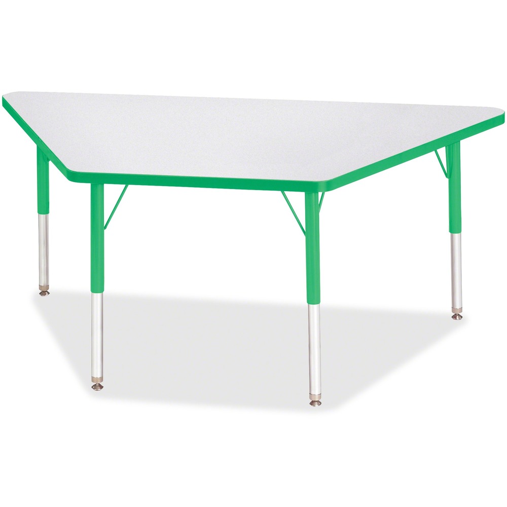 JNT6443JCE119 - Trapezoid-shaped activity table is perfect for elementary students. Multiple trapezoid tables can be conveniently arranged in an assortment of configurations to accommodate any space. Durable laminate features an easy-to-clean surface. TRUEdge is permanently thermo-fused to the edges to prevent chipping. Extra-safe, dual-screw steel legs allow you to easily adjust the height of the table. Powder-coated, adjustable legs can be repositioned in 1" increments to provide maximum comfort for children. Leg guides reduce squeaks, prevent snags and eliminate rusting.