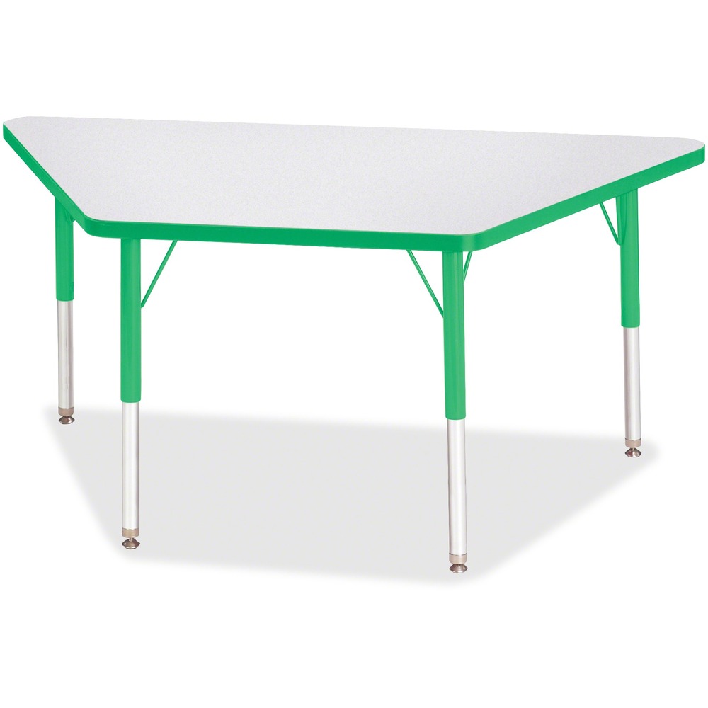 JNT6438JCE119 - Trapezoid-shaped activity table is perfect for elementary students. Multiple trapezoid tables can be conveniently arranged in an assortment of configurations to accommodate any space. Durable laminate features an easy-to-clean surface. TRUEdge is permanently thermo-fused to the edges to prevent chipping. Extra-safe, dual-screw steel legs allow you to easily adjust the height of the table. Powder-coated, adjustable legs can be repositioned in 1" increments to provide maximum comfort for children. Leg guides reduce squeaks, prevent snags and eliminate rusting.