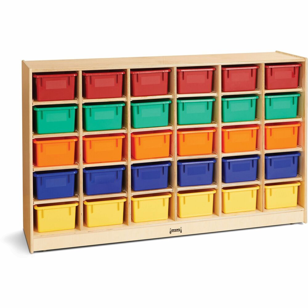 JNT0431JC - 30-cubbie mobile storage unit with colored bins encourages an organized classroom. Dowel-pin construction prevents weakening at the joints. Ultraviolet acrylic coating is durable and resists yellowing over time. MAXBrackets allow the art center to be moved easily from room to room without causing stress on the wheels and brackets. Wheels are made of hard rubber and won't leave black marks on your floor. KYDZSafe rounded edges allow children to play safely without getting hurt by sharp edges or corners. Kickplate prevents children from losing small items underneath.