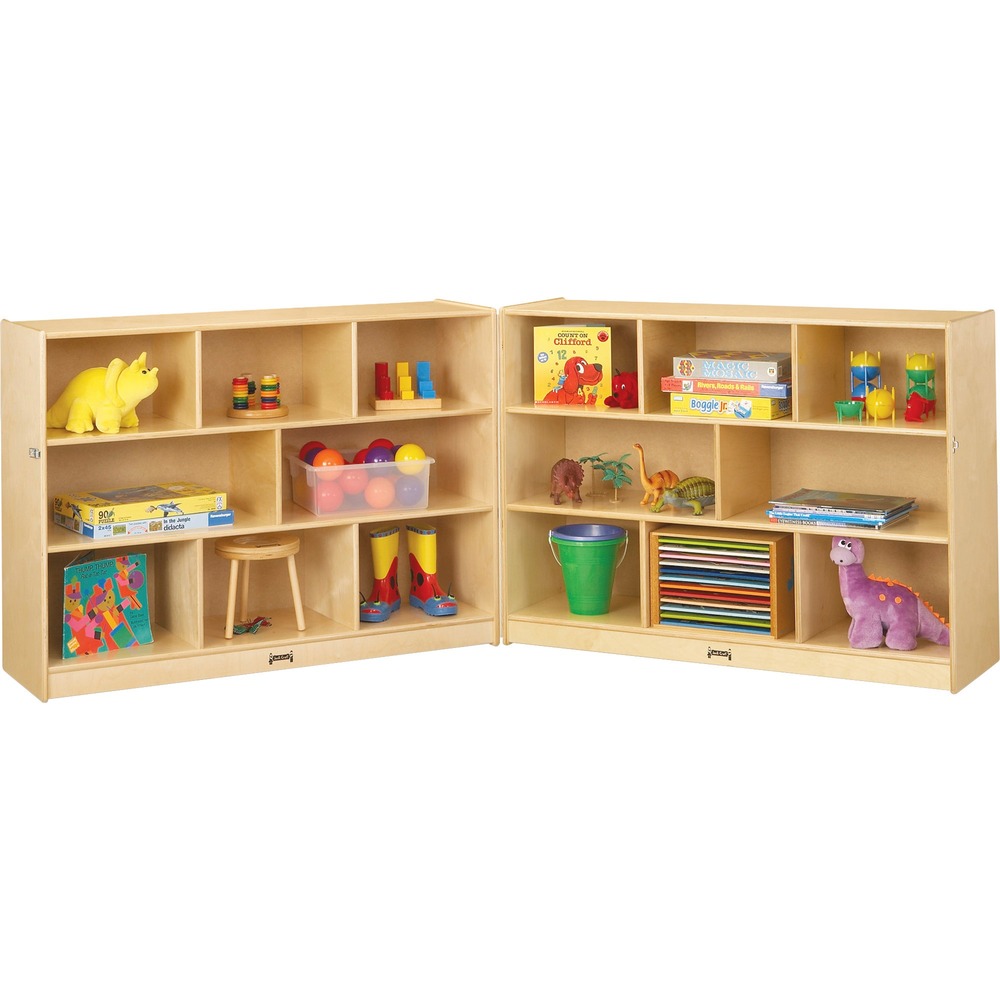 JNT0369JC - Fold-n-Lock offers generous shelf space at a youngster's height. Fold the wings together and lock the hasp when security is desired. The Fold-n-Lock provides 8' of storage. Each section is 48" wide x 15" deep. Kickplates prevent toe and finger pinching. Small objects can't get underneath. Easy-to-clean finish is as tough as the coating used on gym floors, resists stains and won't yellow. Storage unit is made of Baltic birch plywood for sturdy, light-duty storage. Construction employs the dowel-pin technique, increasing already-noteworthy strength. This design leaves the thickness of the material intact where most of the stress occurs.