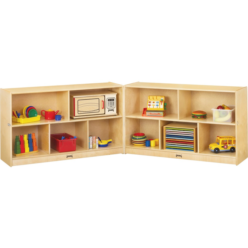 JNT0292JC - Fold-n-Lock offers generous shelf space at a youngster's height. Fold the wings together and lock the hasp when security is desired. The Fold-n-Lock provides 8' of storage. Each section is 48" wide x 15" deep. Kickplates prevent toe and finger pinching. Small objects can't get underneath. Easy-to-clean finish is as tough as the coating used on gym floors, resists stains and won't yellow. Storage unit is made of Baltic birch plywood for sturdy, light-duty storage. Construction employs the dowel-pin technique, increasing already-noteworthy strength. This design leaves the thickness of the material intact where most of the stress occurs.