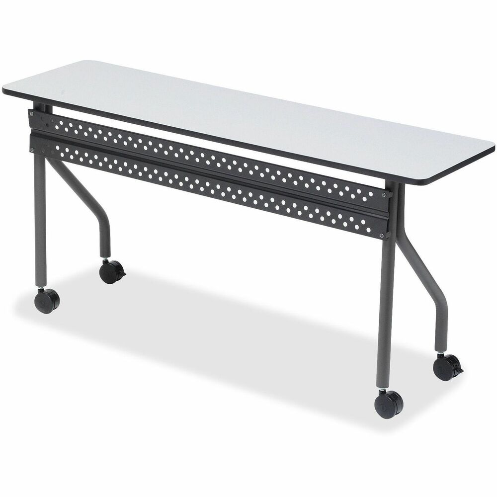 ICE68067 - Functional, durable, mobile training table can easily be reconfigured with matching tables to improve meeting productivity. The 3/4" thick, T-molded top features a wear-resistant, gray melamine surface. At 18" deep, the long-lasting, rectangular top is the perfect for collaboration and training. Strong, 1-1/2" thick offset dual legs allow maximum legroom and are made of heavy-gauge steel. Perforated metal modesty panel adds stability and function. Table easily rolls from place to place on 3" casters for improved navigation over transoms. Once you have your desired configuration or placement, two casters lock for stability.