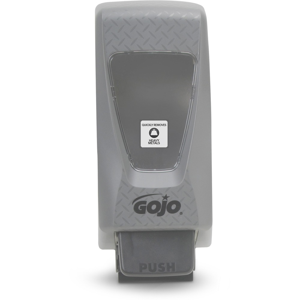 GOJ720001 - Push-style dispenser for GOJO hand cleaner or soap is ideal for locker rooms, production, tool cribs/rooms, cleanup sinks and maintenance areas. Diamond-plate window allows at-a-glance monitoring. Portion control helps reduce waste. Dispenser converts to locking cabinet with key included inside. It easily mounts with strong, double-sided tape and/or optional mounting screws (included). Large-capacity hand cleaner dispenser is compatible with GOJO Pro TDX 2000 ml. refills.
