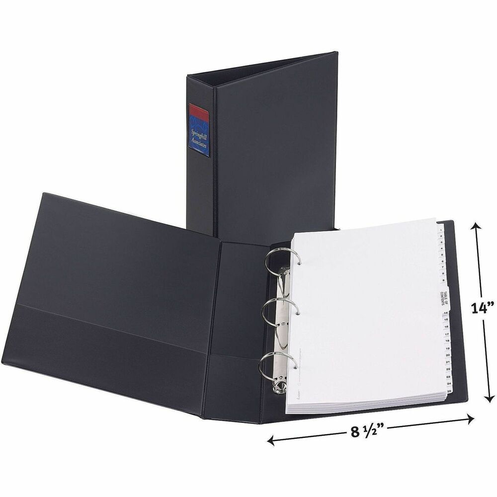 AVE06401 - Legal Three-Ring Durable Binder gives you the freedom and flexibility to organize legal-size documents any way you see fit. Back-mounted, three-ring design allows 8-1/2" x 14" pages to lie flat and remain secure. 2" capacity, round rings are made of metal and accommodate approximately 275 sheets. Two interior pockets provide extra space for storing loose or unpunched pages. Each pocket holds up to 20 sheets. You can even load the spine label holder with an insert for quick identification. Binder also features vinyl construction, a sturdy chipboard core and concealed rivets for a professional appearance. More from the Manufacturer