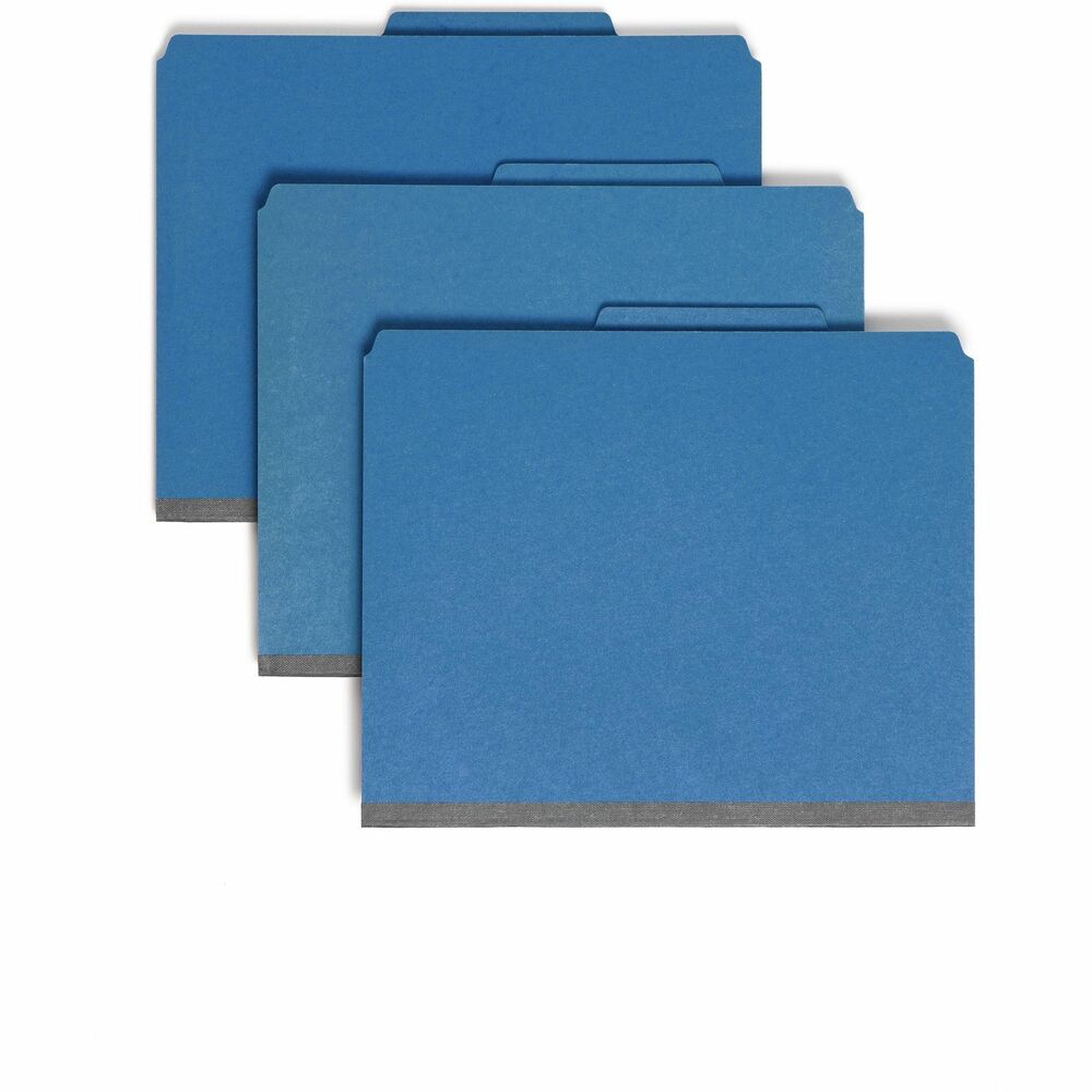 SMD14077 - Heavy-duty classification folders feature pocket-style dividers and patent-pending SafeShield Coated Fastener Technology to help prevent paper tears, finger cuts and excessive fastener crinkling. SafeShield adds protection for papers and fingers while also reducing fastener crinkling. Fasteners on front and back panels and dividers create separate filing surfaces within one folder. These two 2" coated fasteners on the panels are in positions 1 and 3. Folder also offers a 2" expansion and is made of sturdy 25 point Pressboard stock. The two pocket-style dividers offer a 1" SafeShield coated twin-prong fastener and die-cut CD storage pocket on front. Each divider is made of 11 point stock. Tab on the folder is 2/5 cut. Tab on the dividers is 1/3 cut. More from the Manufacturer