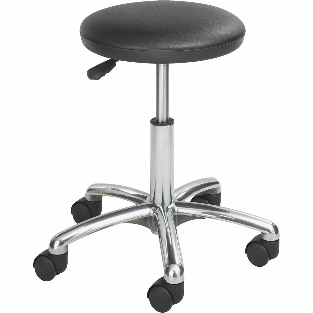 SAF3434BL - Multipurpose lab stool without back features long-wearing, black vinyl upholstery and a generously cushioned 13-1/2" diameter seat. Seat height adjusts pneumatically 5" from 16" to 21". Lab stool features a full 360-degree swivel seat, 2" swivel casters and 18" diameter, polished aluminum five-star base. Weight capacity is 250 lb. Stool meets or exceeds applicable ANSI/BIFMA standards.