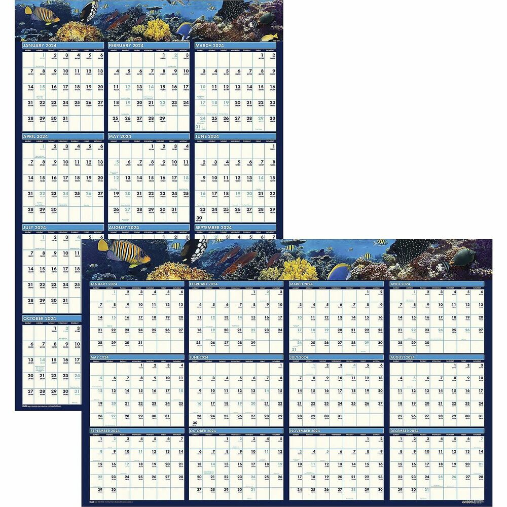 HOD3969 - Two-sided, laminated wall calendar offers a full-color panoramic undersea photo along the top, write-on/wipe-off surface, numbered weeks and 12 months of dated planning on both sides. One side has a vertical format, and the other side has a horizontal format. Both sides have unruled daily blocks. Daily blocks on the vertical side measure 1-1/8" x 1-1/4" , and the horizontal side features 1-1/4" x 1-1/8" daily blocks. Dated planning ranges 12 months from January to December. Wall calendar also includes self-adhesive hangers and a water-soluble marker. Paper is made with a high percentage of post-consumer recycled fiber.