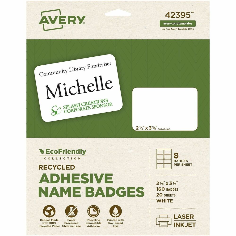 AVE42395 - Eco-friendly name badge labels offer a natural choice for getting the job done right and doing right by the environment. Recyclable labels are made with a high percentage of recycled material and a water-based, 100 percent recyclable adhesive. Adhesive is permanent for secure labeling. Avery offers many free, easy-to-use design and print solutions for labels. Labels are compatible with laser and inkjet printers. More from the Manufacturer