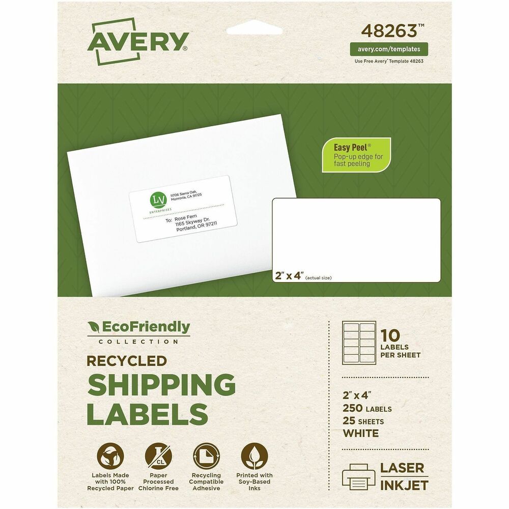 AVE48263 - Mailing labels offer eco-friendly labeling. The label paper and package are made with a high percentage of recycled material and with a chlorine-free process that cuts down the amount of harmful substances associated with the manufacturing process. The labels and box are printed on soy-based and vegetable-based inks that come from renewable materials, rather than solvent-based inks. When you're done, the labels and box are also recyclable. Avery offers many free, easy-to-use design and print solutions for labels. Labels are compatible with laser and inkjet printers. More from the Manufacturer