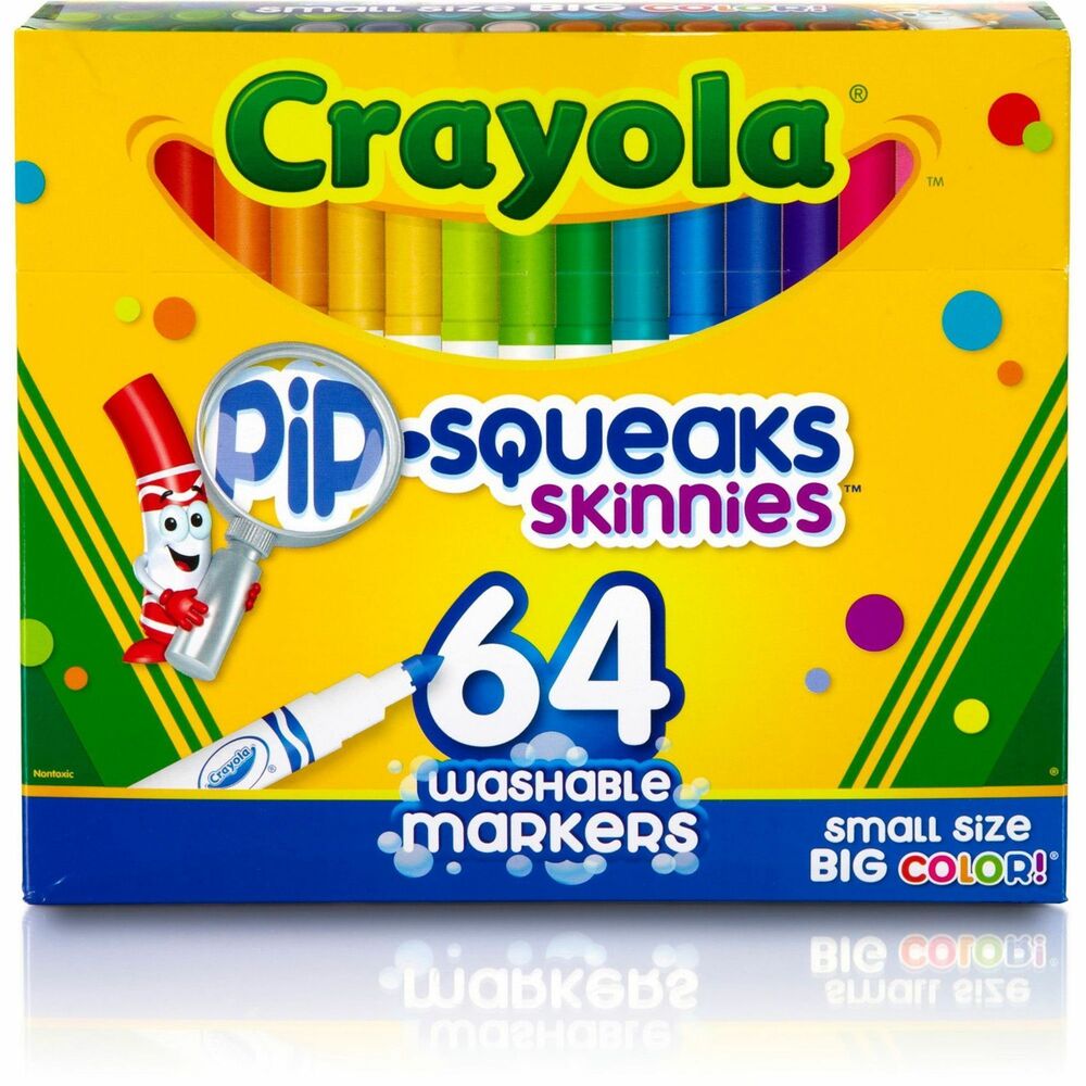 CYO588764 - Washable Pip-Squeaks Skinnies are small in size but big in color. 64 different colors span the spectrum so they are ideal to complete the perfect picture. Reusable flip-top and tiered sleeves for easy access to markers. The easy-to-hold short barrels are scaled to match little hands. Skinny markers contain a special washable formula so stray marks are easily removed. Markers are recommended for children ages 6 and up.