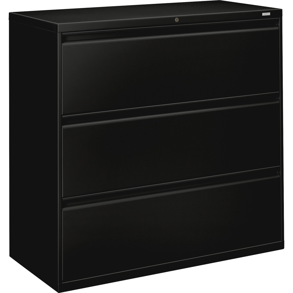 HON893LP - Lateral file offers clean lines, reinforced case construction, dual side locks for security, and full-width, designer-style handles with magnetic label holders. Baked enamel finish over rust-inhibiting, phosphate pretreatment adds more durability. Three-part, telescoping, ball-bearing suspension delivers smooth drawer operation. Drawers accommodate letter-size or legal-size folders from side-to-side with included adjustable hangrails. Drawers are flush at the top and sides and feature drawer-extension restraint. Mechanical interlock allows only one drawer to open at a time. Lateral file also offers four adjustable leveling guides for stabilizing and HON One Key interchangeable, core-removable lock. Lock mechanism secures both sides of drawers.