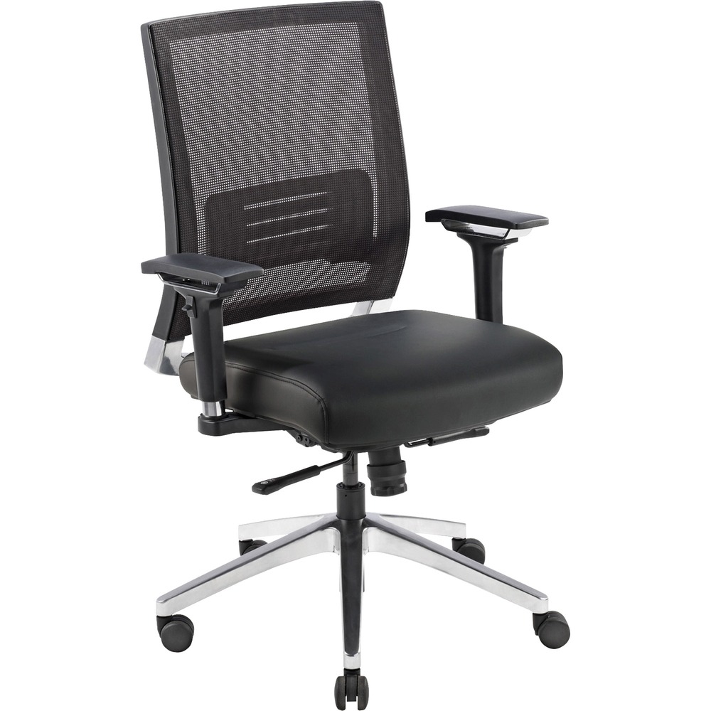 LLR90041 - Executive swivel chair offers a lower back bar for support, mesh back, leather seat, and multiple adjustments. Functions include pneumatic seat-height adjustment, seat-glide mechanism, 360-degree swivel, tilt, dual-action synchro tilt, tilt tension and tilt lock. Chair capacity is 300 lb. Seat-glide mechanism allows the seat cushion to travel forward and back and then locks into position. With dual-action synchro tilt, back reclines at a 2-to-1 ratio to seat angle, allowing you to recline while keeping the seat cushion relatively level to floor. Chrome five-star base features hooded dual-wheel casters for easy mobility.