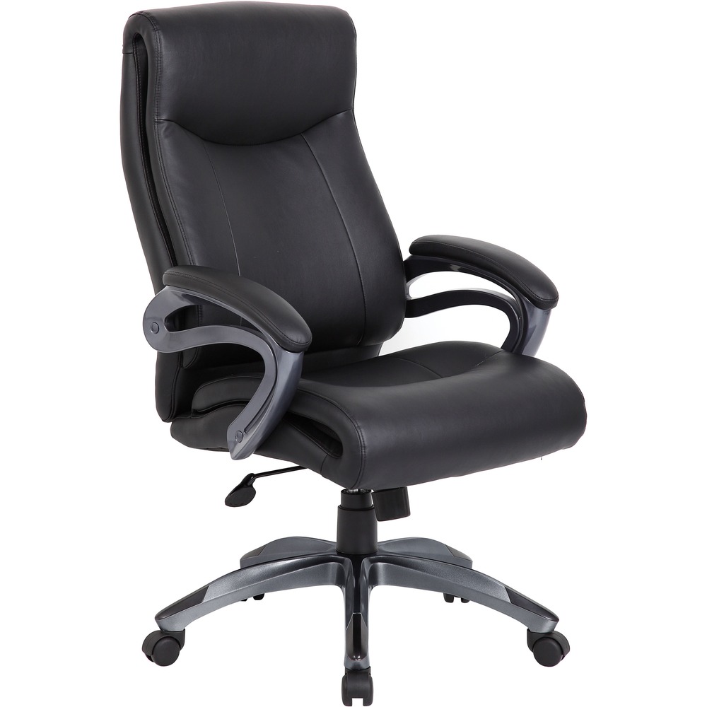 LLR69516 - Leather high-back chair offers bonded leather upholstery and a gunmetal finish on arms and base. Armrests are padded for comfort. Functions include pneumatic seat-height adjustment from 18-1/2" to 21-1/2" , 360-degree swivel, tilt, tilt tension and tilt lock. Mid-back chair also features a five-star nylon base with hooded double-wheel casters. Capacity is 250 lb.