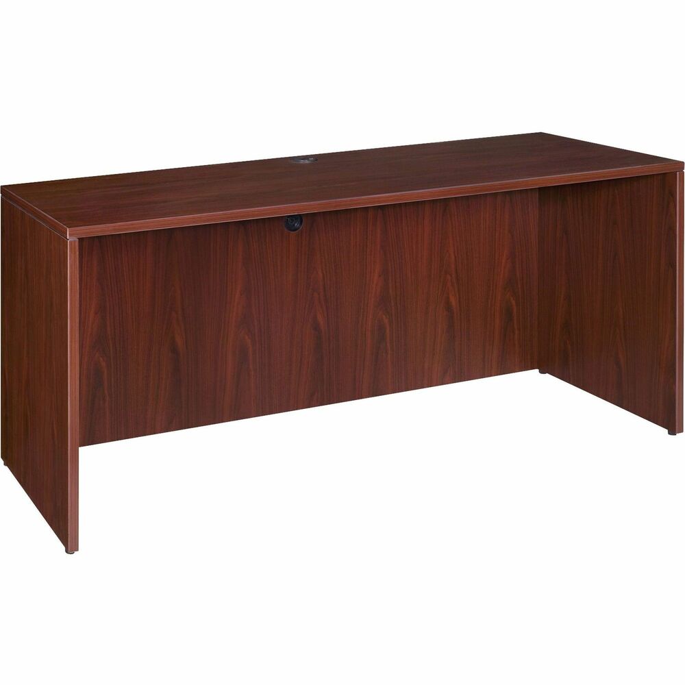 LLR69378 - Credenza shell is part of Lorell Essentials Series Laminate Furniture with high-quality laminate construction and metal-to-metal, cam-lock connections. Mahogany laminate top is 1" thick for durability. Use the two grommet holes in the top for easy cord routing. Design also includes 96mm metal drawer pulls with a silver brush finish, 3mm PVC edges and adjustable feet.
