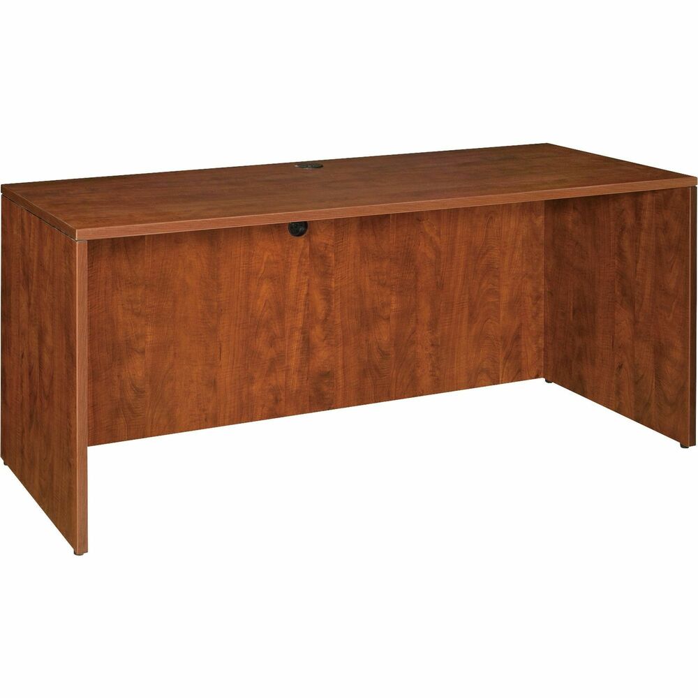 LLR69412 - Credenza shell is part of Lorell Essentials Series Laminate Furniture with high-quality laminate construction and metal-to-metal, cam-lock connections. Cherry laminate top is 1" thick for durability. Use the two grommet holes in the top for easy cord routing. Design also includes 96mm metal drawer pulls with a silver brush finish, 3mm PVC edges and adjustable feet.