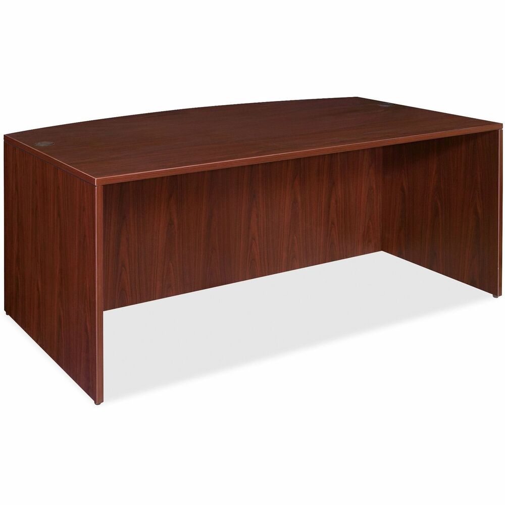 LLR69370 - Bowfront desk shell is part of Lorell Essentials Series Laminate Furniture with high-quality laminate construction and metal-to-metal, cam-lock connections. Mahogany laminate top is 1" thick for durability. Use the two grommet holes in the top for easy cord routing. Design also includes a full modesty panel for privacy, 3mm PVC edges and adjustable feet.