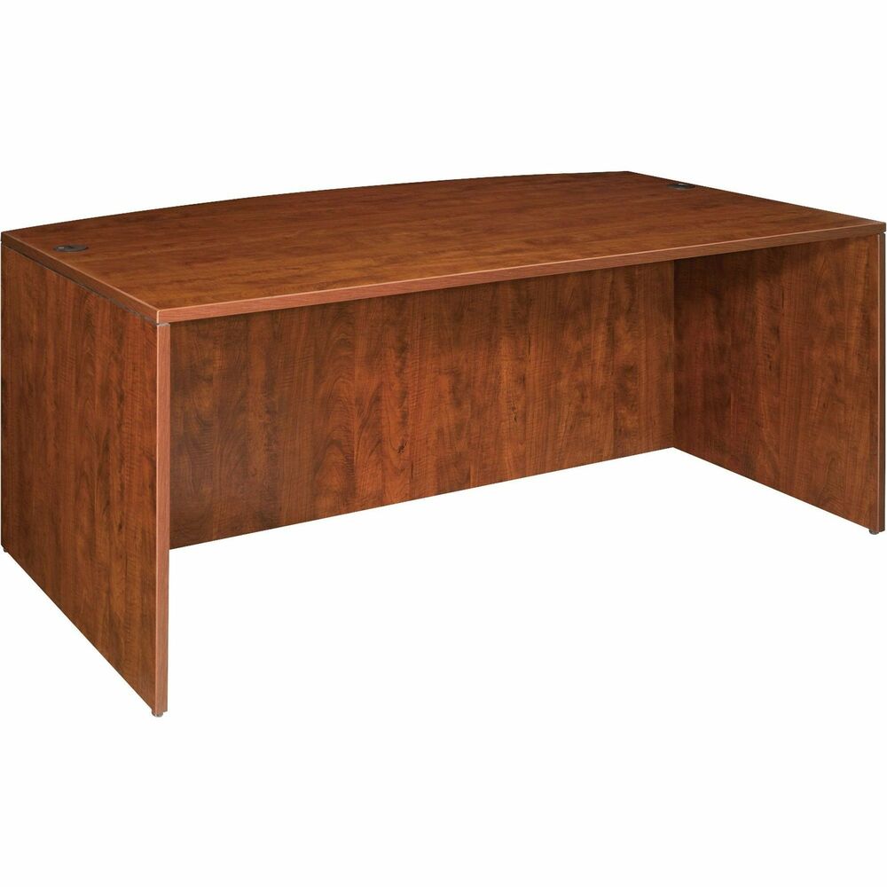 LLR69406 - Bowfront desk shell is part of Lorell Essentials Series Laminate Furniture with high-quality laminate construction and metal-to-metal, cam-lock connections. Cherry laminate top is 1" thick for durability. Use the two grommet holes in the top for easy cord routing. Design also includes a full modesty panel for privacy, 3mm PVC edges and adjustable feet.