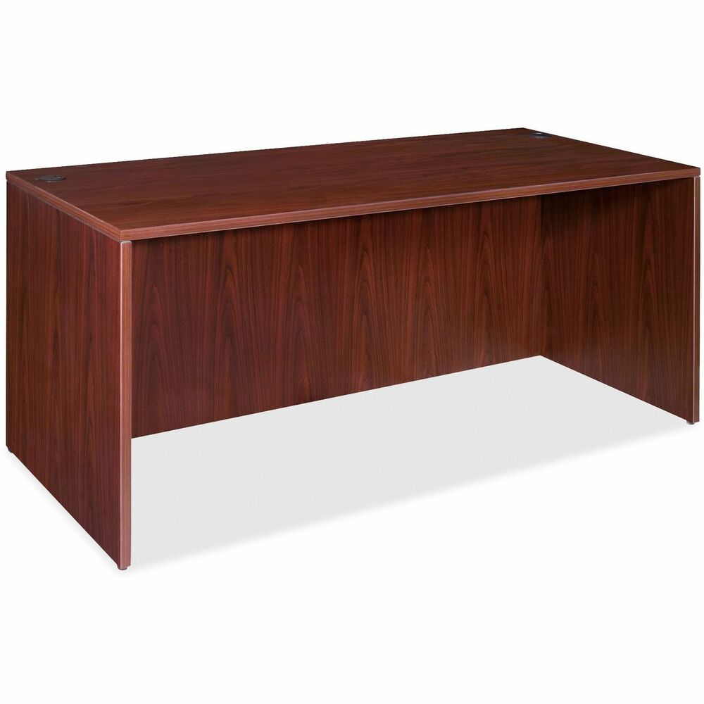 LLR69373 - Rectangular desk shell is part of Lorell Essentials Series Laminate Furniture with high-quality laminate construction and metal-to-metal, cam-lock connections. Mahogany laminate top is 1" thick for durability. Use the two grommet holes in the top for easy cord routing. Design also includes a full modesty panel for privacy, 3mm PVC edges and adjustable feet.