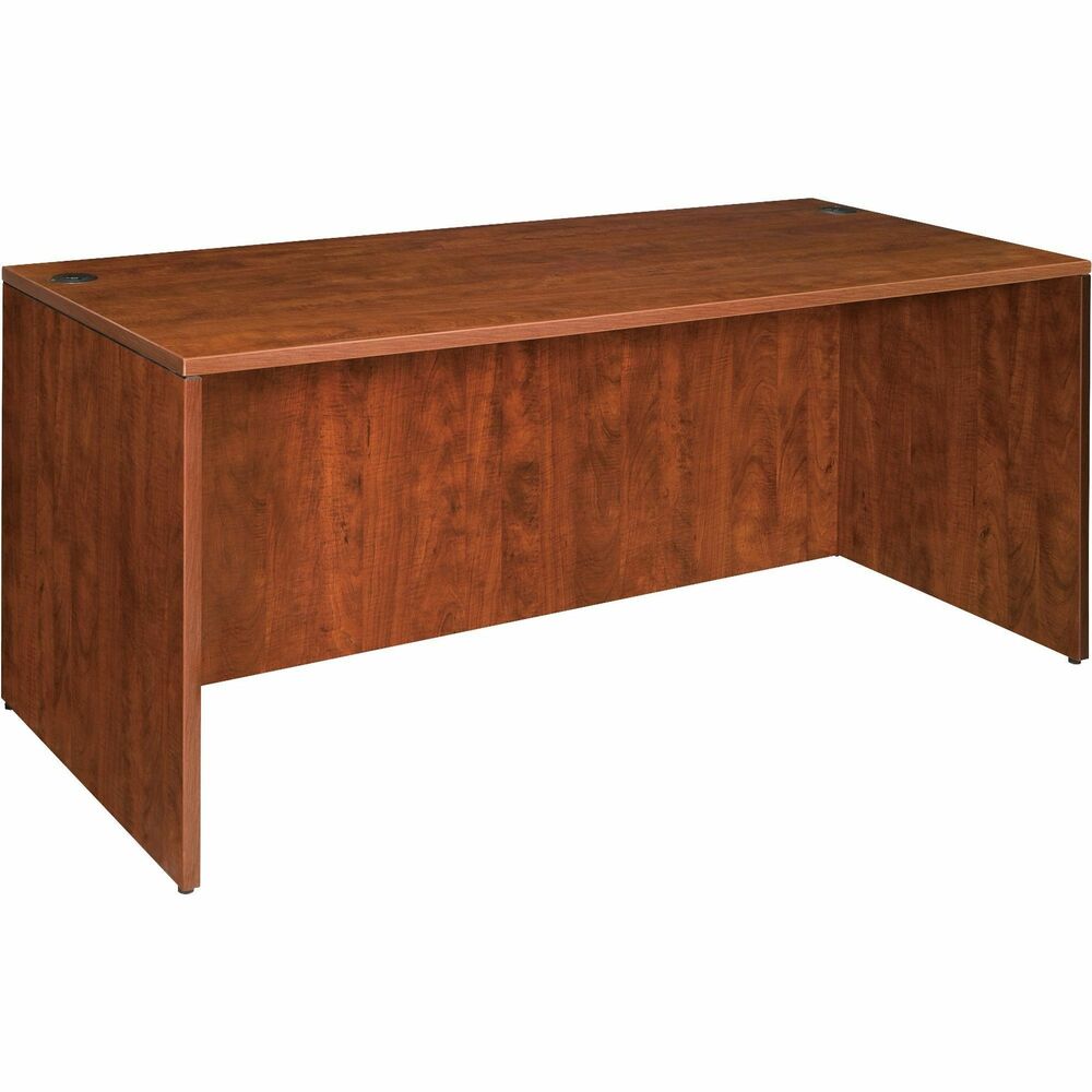 LLR69409 - Rectangular desk shell is part of Lorell Essentials Series Laminate Furniture with high-quality laminate construction and metal-to-metal, cam-lock connections. Cherry laminate top is 1" thick for durability. Use the two grommet holes in the top for easy cord routing. Design also includes 96mm metal drawer pulls with a silver brush finish, 3mm PVC edges and adjustable feet.