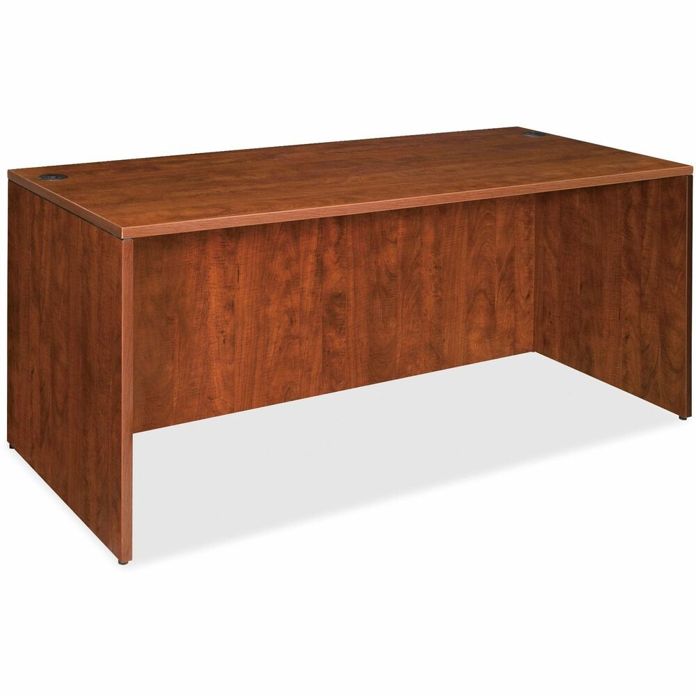 LLR69407 - Rectangular desk shell is part of Lorell Essentials Series Laminate Furniture with high-quality laminate construction and metal-to-metal, cam-lock connections. Cherry laminate top is 1" thick for durability. Use the two grommet holes in the top for easy cord routing. Design also includes a full modesty panel for privacy, 3mm PVC edges and adjustable feet.
