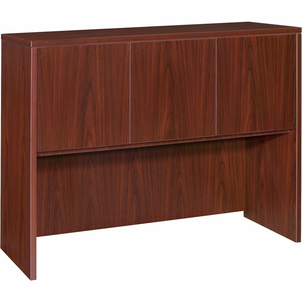LLR69384 - Hutch with three doors is part of Lorell Essentials Series Laminate Furniture with high-quality laminate construction and metal-to-metal, cam-lock connections. Hutch easily attaches onto 48" wide desk shells in this collection. Design includes one grommet for easy cord management, backing, Mahogany laminate surfaces for durability and 3mm PVC edges.