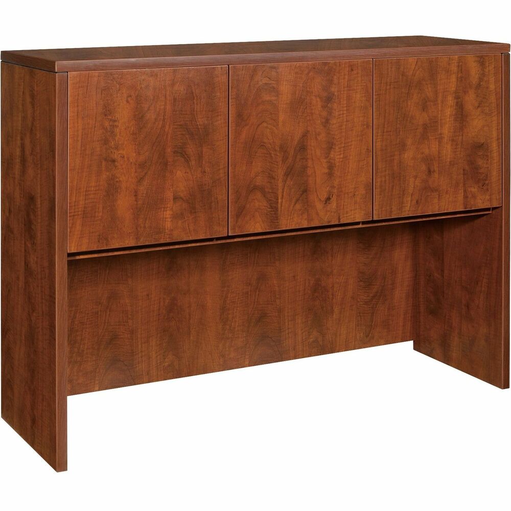 LLR69418 - Hutch with three doors is part of Lorell Essentials Series Laminate Furniture with high-quality laminate construction and metal-to-metal, cam-lock connections. Hutch easily attaches onto 48" wide desks or credenzas in this collection. Design includes one grommet for easy cord management, Cherry laminate surfaces for durability, backing and 3mm PVC edgebanding.