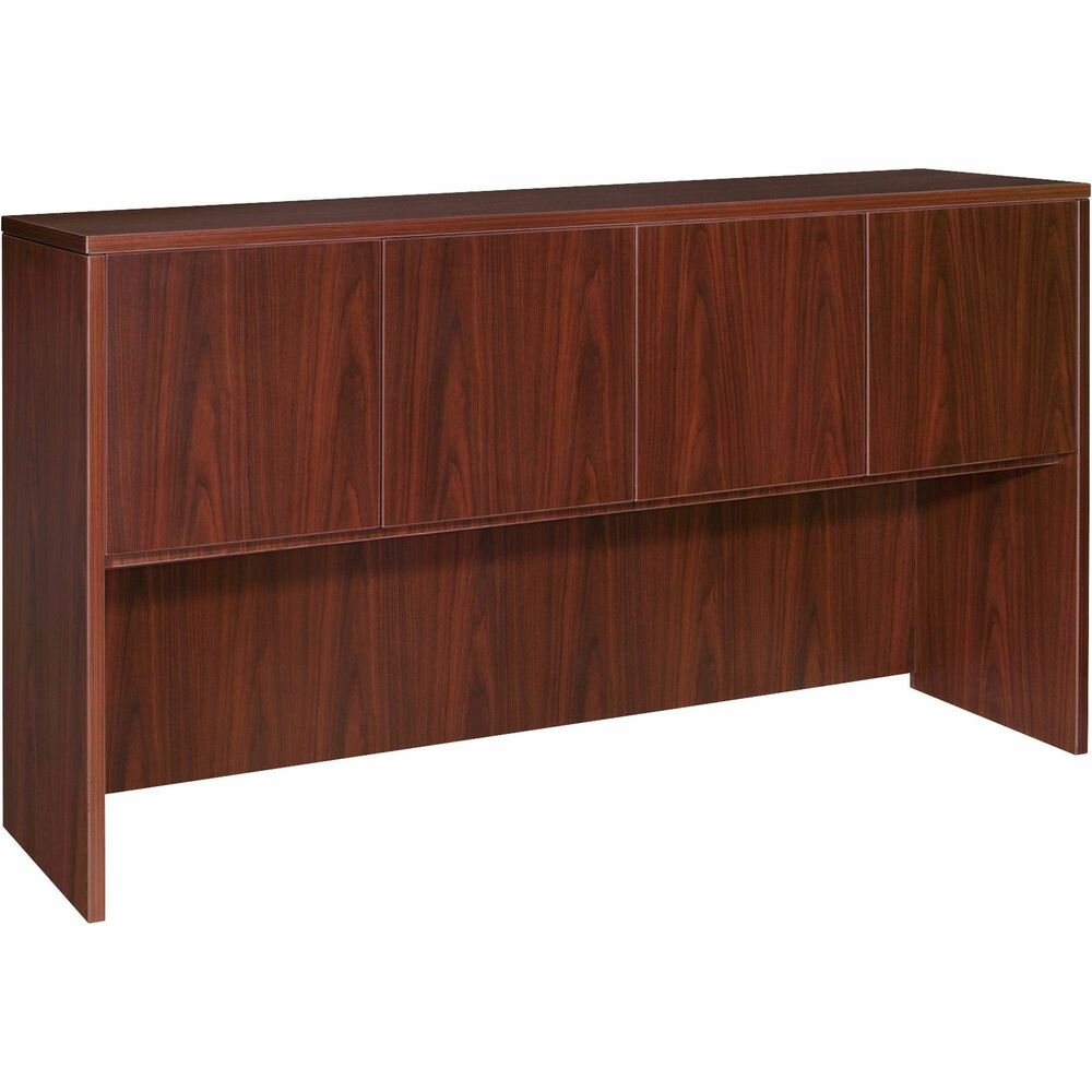 LLR69383 - Hutch with four doors is part of Lorell Essentials Series Laminate Furniture with high-quality laminate construction. Easily set hutch directly on 66" desks and credenzas with no connections. Mahogany laminate hutch features two separate storage areas that can be concealed with the doors. Use the 60mm grommet hole in the middle of the back for easy cord routing. A 32mm gap at the bottom of the back panels offers another opportunity for cord management. Design also includes 3mm PVC edges.