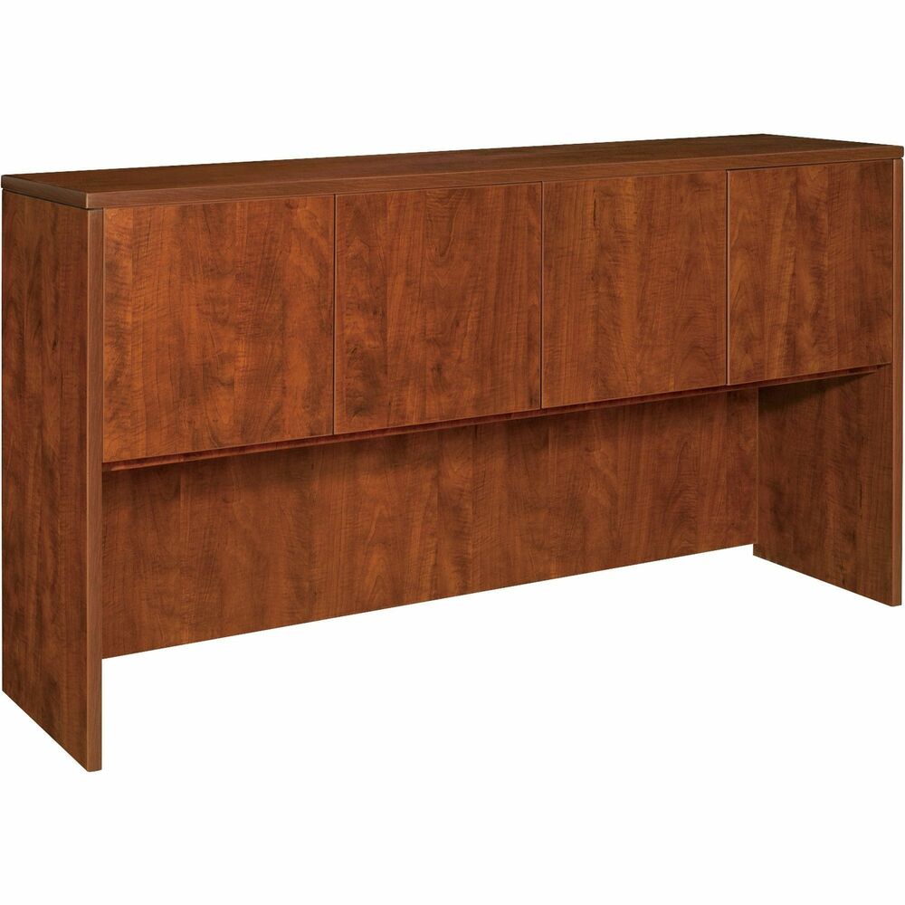 LLR69416 - Hutch with four doors is part of Lorell Essentials Series Laminate Furniture with high-quality laminate construction and metal-to-metal, cam-lock connections. Hutch easily attaches onto 72" wide desks or credenzas in this collection. Design includes one grommet for easy cord management, Cherry laminate surfaces for durability, backing and 3mm PVC edgebanding.