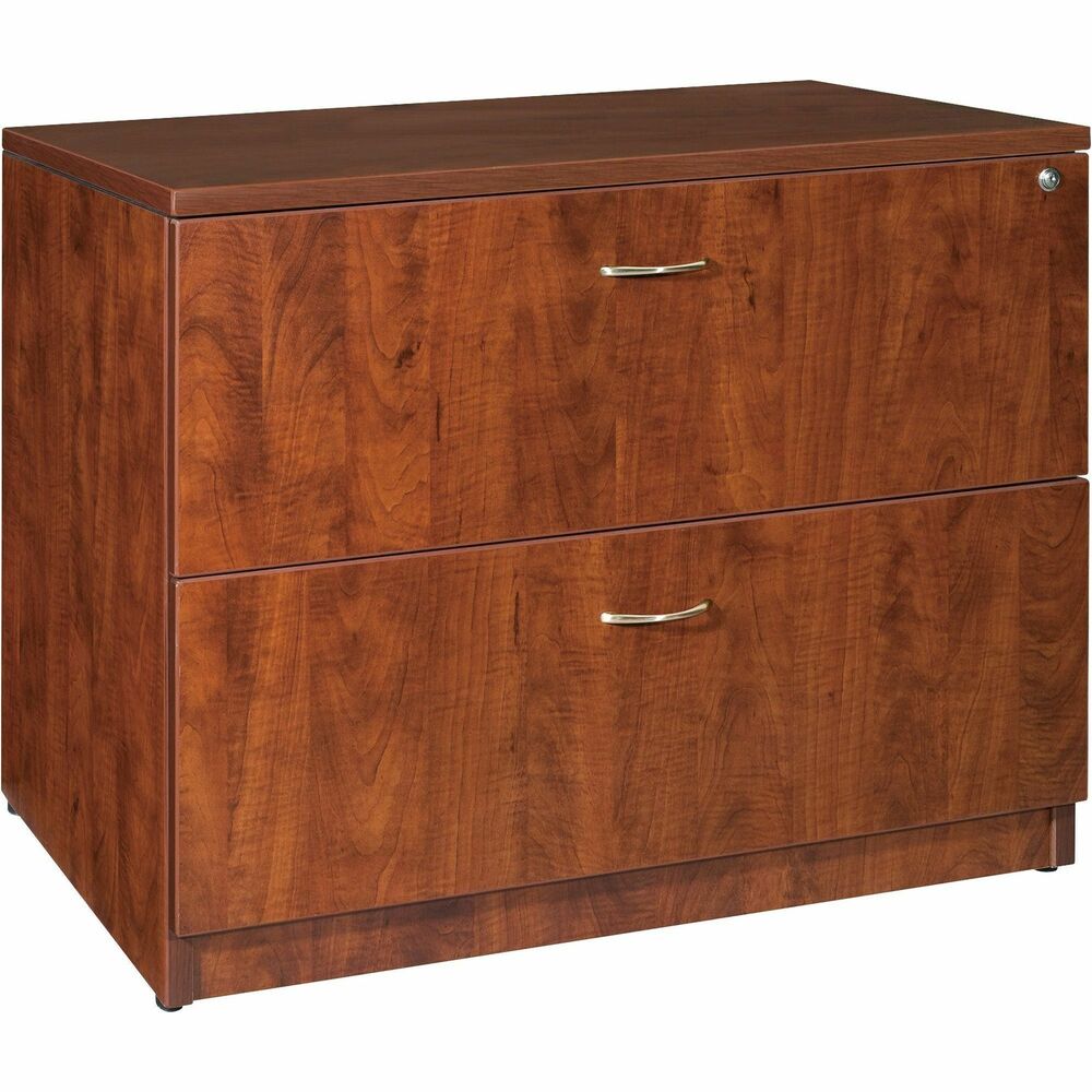 LLR69433 - Lateral file is part of Lorell Essentials Series Laminate Furniture that offers high-quality laminate construction and a contemporary design. Cherry laminate top is 1" thick for durability. Central locking system locks both drawers at once. Anti-tip feature allows only one drawer to be opened at a time. Both file drawers accommodate letter-size and legal-size files with included hangrails. Drawers offer full extension and roll smoothly on steel ball bearings. Design also includes 3mm PVC edges and adjustable floor guides for stabilization.