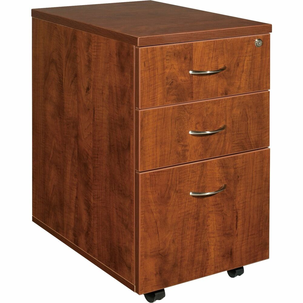 LLR69430 - Freestanding, mobile pedestal is part of Lorell Essentials Series Laminate Furniture with high-quality laminate construction and a contemporary design. Pedestal offers a box/box/file design. The file drawer includes hangrails and holds letter-size and legal-size hanging files. Cherry laminate top is 1" thick for durability. Pedestal rolls easily on four 1-1/2" dual-wheel casters. Design also includes 96mm metal drawer pulls with a silver brush finish and 3mm PVC edges.