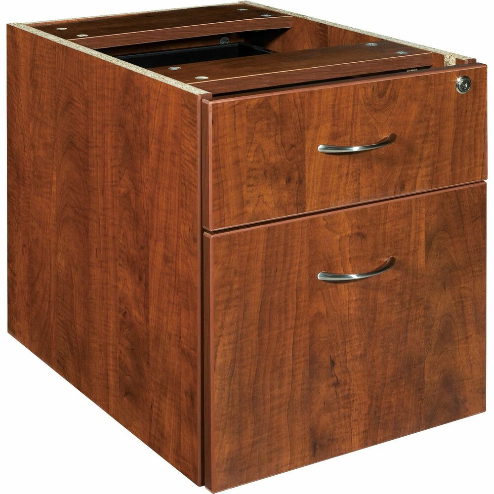 LLR69432 - Hanging pedestal is part of Lorell Essentials Series Laminate Furniture with high-quality laminate construction and metal-to-metal, cam-lock connections. Pedestal includes one box drawer and one file drawer that accommodates letter-size and legal-size files with included hangrails. Both drawers offer full extension and roll smoothly on steel ball bearings. Design also includes Cherry laminate for durability, 3mm PVC edges and adjustable feet. Pedestal cannot be used freestanding. Predrilled holes with metal inserts offer easy attachment by screws.