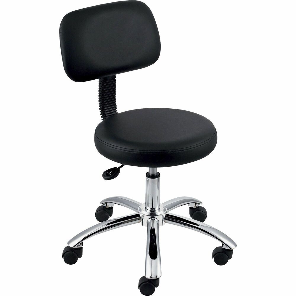 LLR69511 - Pneumatic height stool with back features a 16" round vinyl covered seat, dual-wheel casters, and a chrome base. Functions include pneumatic seat-height adjustment from 17-1/2" to 22-3/4" , back-height adjustment, seat-depth adjustment and 360-degree swivel. Back measures 16" wide x 10" high.
