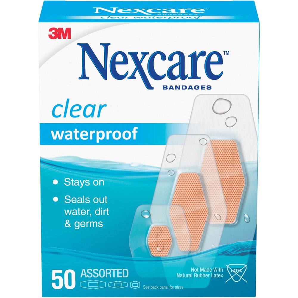 MMM43250 - Nexcare waterproof bandages stays on your skin in water and keep water and germs out. Ultra-thin, clear breathable material is comfortable to wear. Unique diamond-shaped design delivers a better seal around the pad for superior protection against water, dirt and germs. Bandages come in assorted sizes: 20 spots, 15 1-1/16" x 2-1/4" strips, and 15 1-1/4" x 2-1/2" strips. More from the Manufacturer