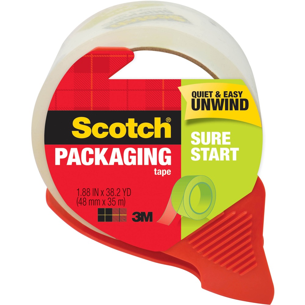 MMM3450SRD - Sure Start Shipping Packaging Tape features technology that allows a smooth, easy unwind for less noise when in a crowded office or a quiet cubicle setting. Sure Start means the tape unwinds smoothly from start to finish with no slivering or splitting for frustration-free taping. The tape's strong adhesion will keep heavy boxes sealed. Tape meets U.S. Postal Regulations for standard packages. It comes on a convenient, refillable dispenser. More from the Manufacturer