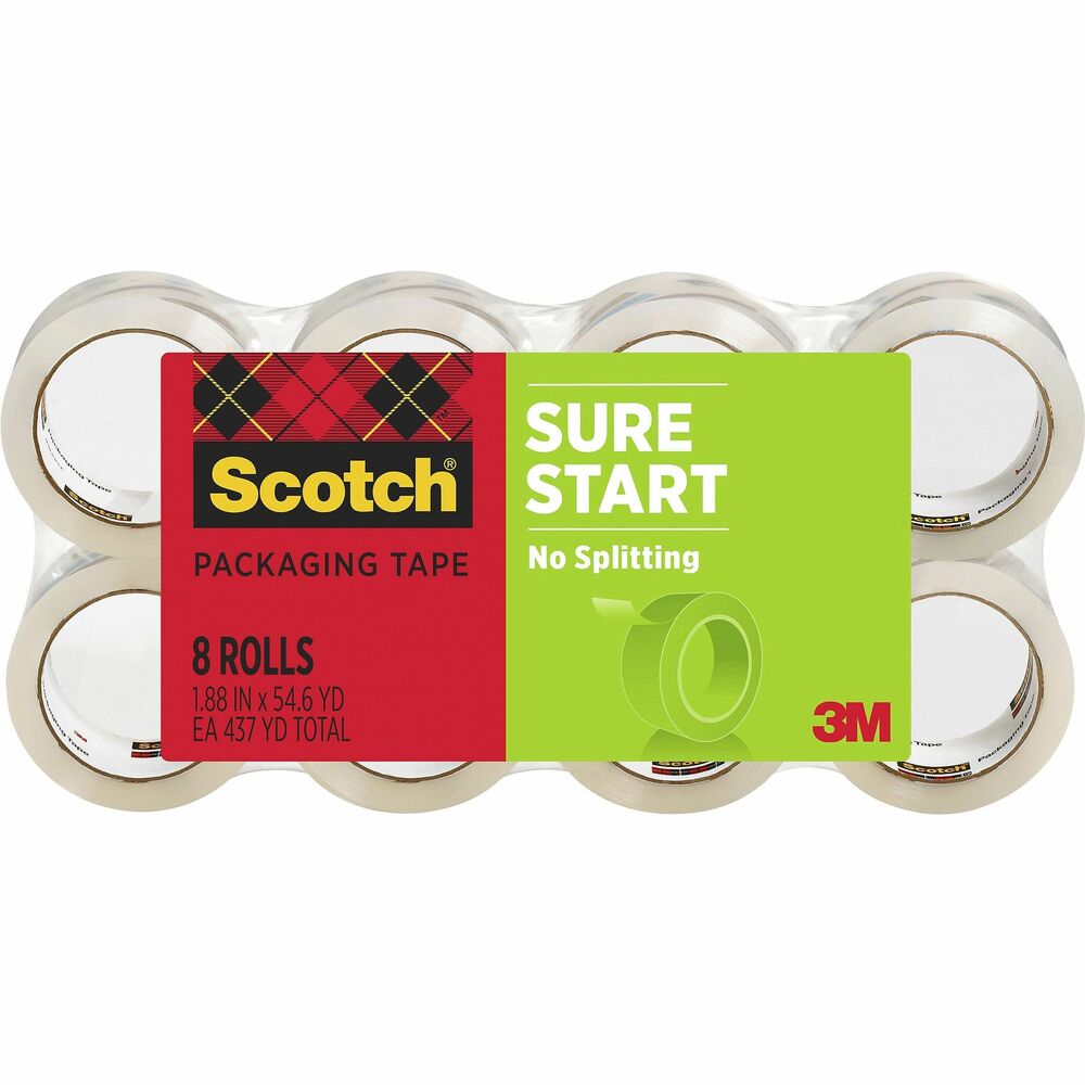 MMM34508 - Sure Start Shipping Packaging Tape features technology that allows a smooth, easy unwind for less noise when in a crowded office or a quiet cubicle setting. Sure Start means the tape unwinds smoothly from start to finish with no slivering or splitting for frustration-free taping. The tape's strong adhesion will keep heavy boxes sealed. Tape meets U.S. Postal Regulations for standard packages. More from the Manufacturer